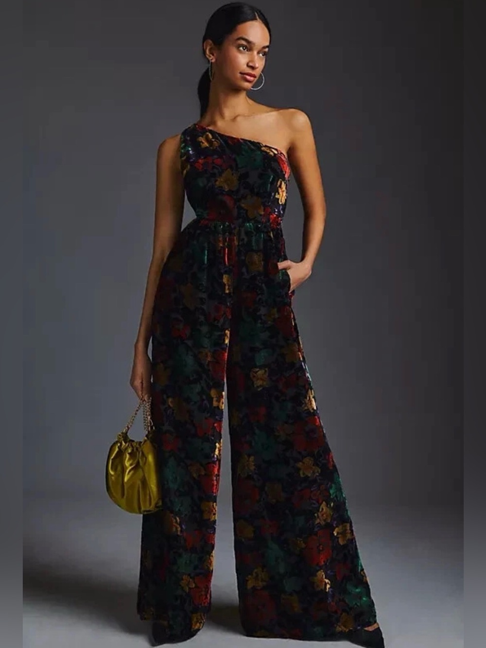 Anthropologie Hutch One Shoulder Floral Velvet Jumpsuit Wide Leg Size 4 NWT